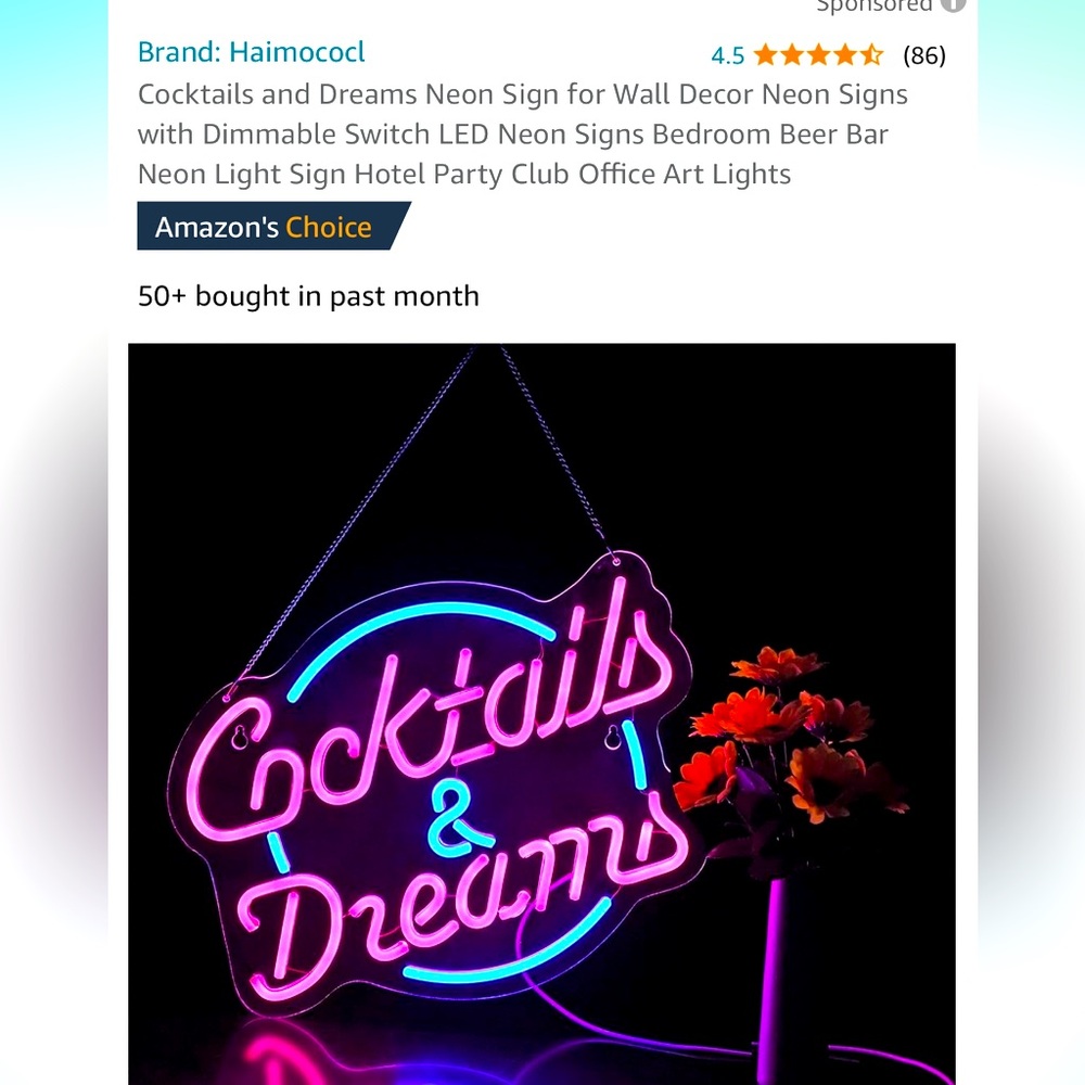 Cocktails and Dreams Neon Sign for Wall Decor